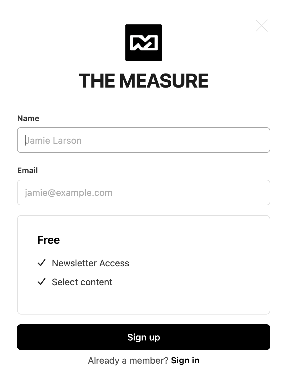 Ghost Portal modal showing the Free tier with Newsletter Access and Select content, plus Name and Email fields and a Sign up button